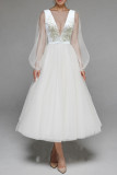Elegant Solid Embroidered Mesh V Neck Evening Dresses