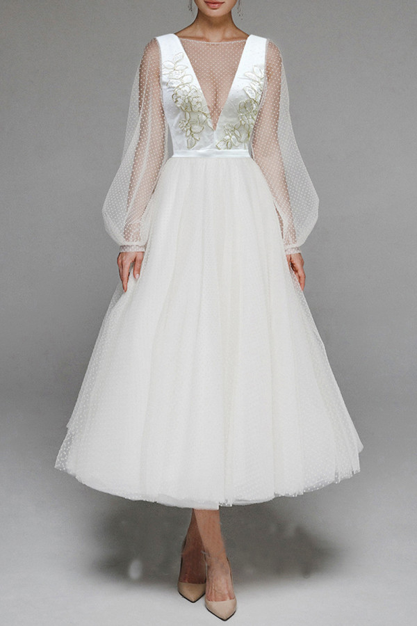 Elegant Solid Embroidered Mesh V Neck Evening Dresses