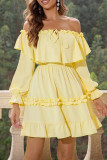 Elegant Solid Frenulum Flounce Off the Shoulder Dresses