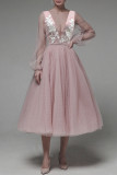 Elegant Solid Embroidered Mesh V Neck Evening Dresses