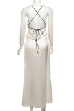 Sexy Solid Lace Backless Slit V Neck Sling Dresses