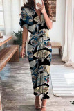 Elegant Print Frenulum Buckle Turndown Collar Pencil Skirt Dresses