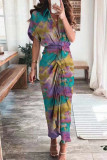 Elegant Print Frenulum Buckle Turndown Collar Pencil Skirt Dresses