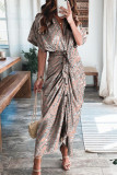 Elegant Print Frenulum Buckle Turndown Collar Pencil Skirt Dresses