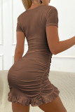 Sexy Solid Hollowed Out Flounce V Neck Wrapped Skirt Dresses