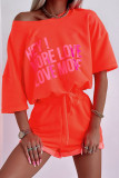 Casual Letter Print Draw String Contrast O Neck Half Sleeve Two Pieces