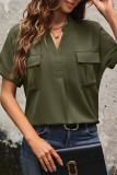 Casual Solid Pocket V Neck Tops