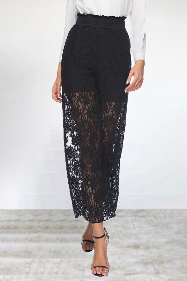 Elegant Solid Lace Hollowed Out Loose High Waist Wide Leg Solid Color Bottoms