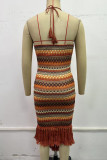 Sexy Bohemian Color Block Tassel Weave Halter Wrapped Skirt Dresses