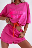 Casual Letter Print Draw String Contrast O Neck Half Sleeve Two Pieces