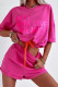 Casual Letter Print Draw String Contrast O Neck Half Sleeve Two Pieces
