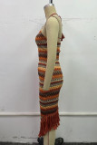 Sexy Bohemian Color Block Tassel Weave Halter Wrapped Skirt Dresses