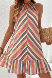 Casual Striped Flounce Contrast Halter Sleeveless Dresses