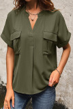 Casual Solid Pocket V Neck Tops
