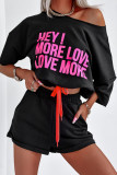 Casual Letter Print Draw String Contrast O Neck Half Sleeve Two Pieces