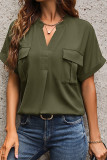 Casual Solid Pocket V Neck Tops
