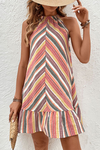Casual Striped Flounce Contrast Halter Sleeveless Dresses