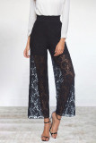Elegant Solid Lace Hollowed Out Loose High Waist Wide Leg Solid Color Bottoms