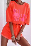 Casual Letter Print Draw String Contrast O Neck Half Sleeve Two Pieces