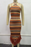 Sexy Bohemian Color Block Tassel Weave Halter Wrapped Skirt Dresses