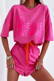 Casual Letter Print Draw String Contrast O Neck Half Sleeve Two Pieces