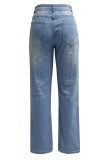 Casual Solid Ripped Pocket High Waist Loose Denim Jeans
