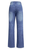 Casual Solid Ripped Pocket High Waist Loose Denim Jeans
