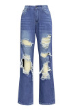 Casual Solid Ripped Pocket High Waist Loose Denim Jeans