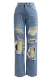 Casual Solid Ripped Pocket High Waist Loose Denim Jeans