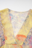 Floral Bandage Mesh V Neck A Line Dresses