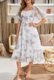 Sweet Elegant Floral Flounce Square Collar A Line Dresses