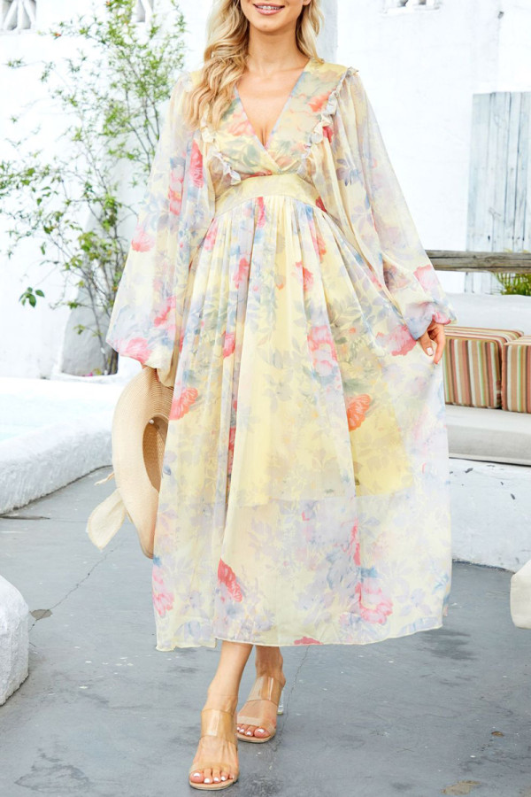 Floral Bandage Mesh V Neck A Line Dresses