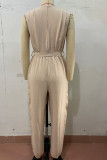 Casual Simplicity Solid Bandage Fold V Neck Regular Jumpsuits