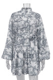 Vintage Elegant Geometric Print Bandage Mandarin Collar A Line Dresses