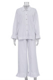 Casual Solid Buckle Flounce Turndown Collar Long Sleeve Two Pieces