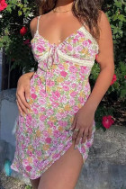 Sexy Print Flowers Lace Patchwork Backless V Neck Sling Dresses