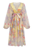 Floral Bandage Mesh V Neck A Line Dresses