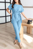 Elegant Solid Bandage O Neck Short Sleeve Two Pieces