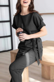 Elegant Solid Bandage O Neck Short Sleeve Two Pieces