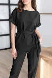 Elegant Solid Bandage O Neck Short Sleeve Two Pieces