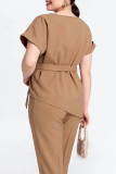 Elegant Solid Bandage O Neck Short Sleeve Two Pieces