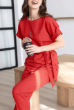 Elegant Solid Bandage O Neck Short Sleeve Two Pieces