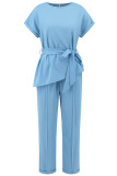 Elegant Solid Bandage O Neck Short Sleeve Two Pieces