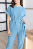 Elegant Solid Bandage O Neck Short Sleeve Two Pieces