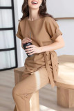 Elegant Solid Bandage O Neck Short Sleeve Two Pieces