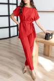 Elegant Solid Bandage O Neck Short Sleeve Two Pieces