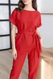 Elegant Solid Bandage O Neck Short Sleeve Two Pieces