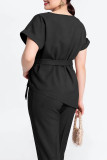 Elegant Solid Bandage O Neck Short Sleeve Two Pieces