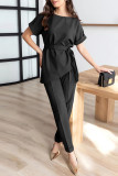 Elegant Solid Bandage O Neck Short Sleeve Two Pieces