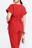 Elegant Solid Bandage O Neck Short Sleeve Two Pieces